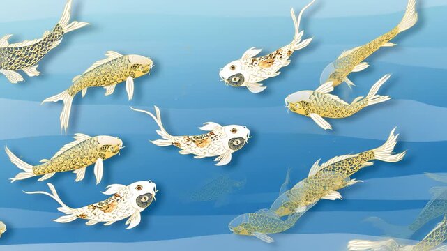 Goldfish swimming in a light blue water pattern