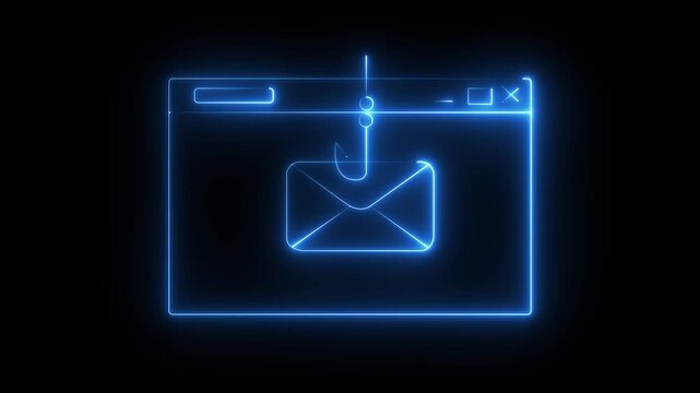 Neon Email Phishing Scam Icon Isolated on Black Background. Fishing hook stealing envelope from browser window. Concept of email phishing and email scams representing online fraud.4k video