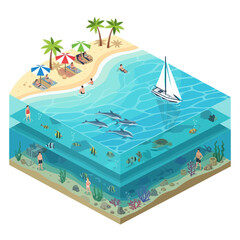Fototapeta premium Isometric Illustration of Ocean Layers with Sailboat.