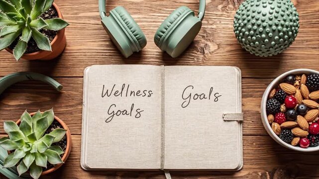 Wellness Goals Journal with Healthy Snacks, Headphones, Succulents, and Massage Ball on Wood Desk. Planning Health, Fitness, and Lifestyle Objectives 4k video animation seamless loop
