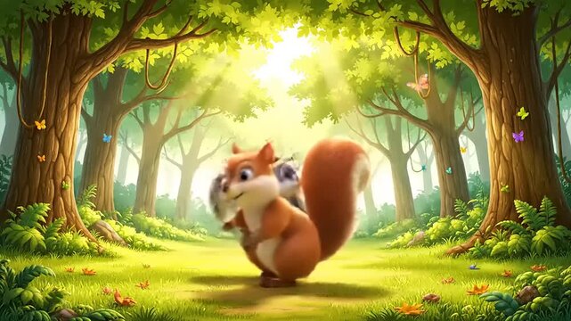 Cartoon squirrel standing in sunlit forest glade. Playful, innocent, whimsical.  Friendly nature and happy woodland animal in bright, fairytale scene.