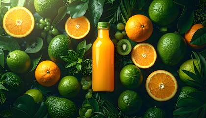 Bright Orange Juice Bottle Surrounded by Fresh Citrus and Green Leaves