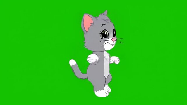Adorable gray cartoon kitty struts confidently, rendered digitally with precise lines and bright colors against a green screen background for compositing.