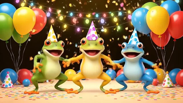 Frogs wear birthday hats and dance joyously together at party, a fun celebration with lights, confetti, and colorful balloons, happy cartoon party