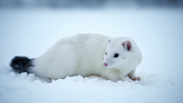 White Ermine Moving and Sniffing for Prey in Deep Winter Snow