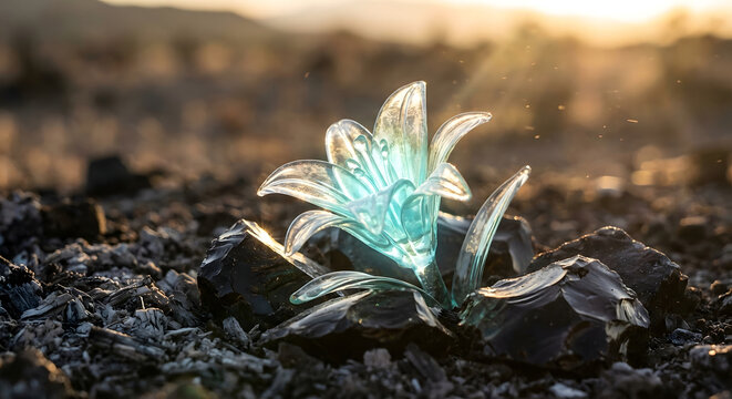 Flor de cristal resplandeciente naciendo de cenizas y rocas negras al atardecer, concepto de esperanza y resiliencia