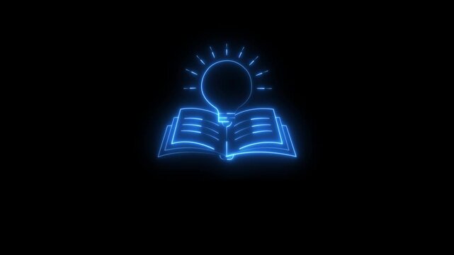 glowing neon knowledge icon Animation on Black background. Concept ideas inspiration, invention, effective thinking, knowledge.4k video Animation