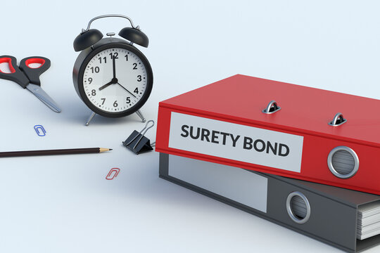 Surety bond words on folder for paper. Financial guarantee concept. Business contract security. Surety underwriting. Risk management. 3d render