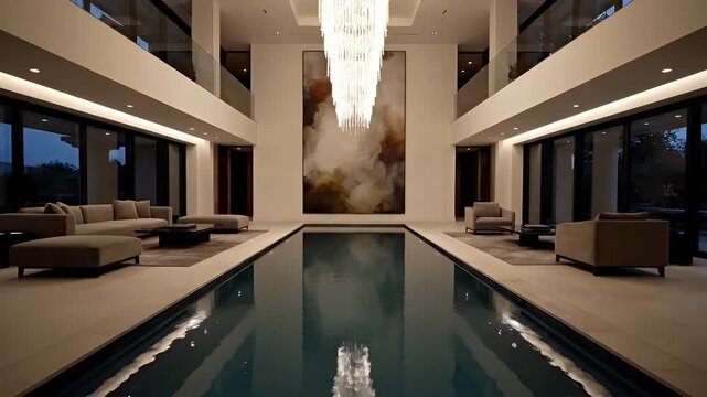 Symmetrical modern luxury mansion lobby with indoor pool and chandelier