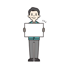 白いメッセージボードを持つ、作業服を着たシニア世代のビジネスマンの全身ベクターイラスト素材