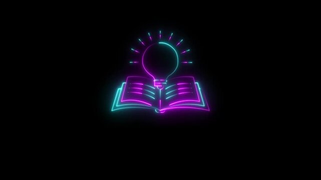 glowing neon knowledge icon Animation on Black background. Concept ideas inspiration, invention, effective thinking, knowledge.4k video Animation
