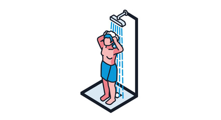 Man Standing Under Shower Head Washing.