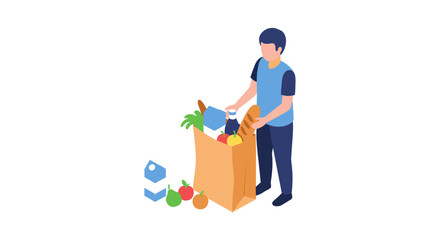 Man Unpacking Grocery Bag with Fresh Produce.
