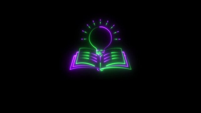 glowing neon knowledge icon Animation on Black background. Concept ideas inspiration, invention, effective thinking, knowledge.4k video Animation