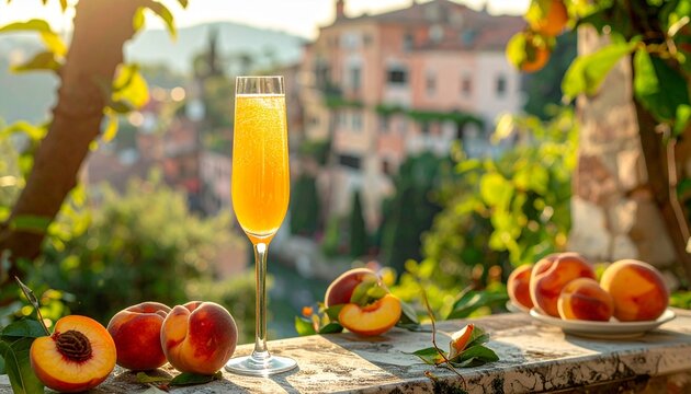 Bellini Peach Prosecco Cocktail. Traditional Italian Beverage