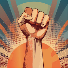 Trendy Halftone Collage Raised Fist up. Demonstration of protest. Fight for your rights.