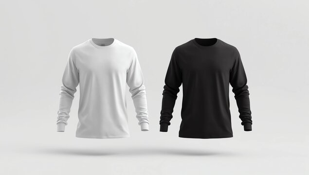 Blank black and white longsleeve t-shirt mockup set, side view