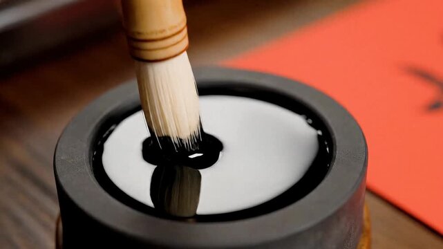 A close-up shot of a traditional calligraphy brush being dipped into a pot of black ink, ready for writing on red paper.