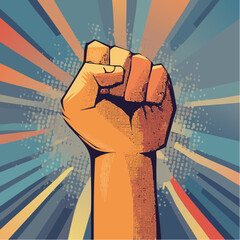 Trendy Halftone Collage Raised Fist up. Demonstration of protest. Fight for your rights.