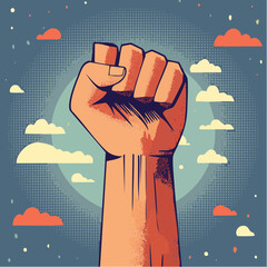 Trendy Halftone Collage Raised Fist up. Demonstration of protest. Fight for your rights.