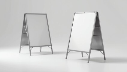 Blank white metallic outdoor stand mockup set, isolated, front and side view, 3d rendering. Clear street signage board mock up. A-board with metal frame template