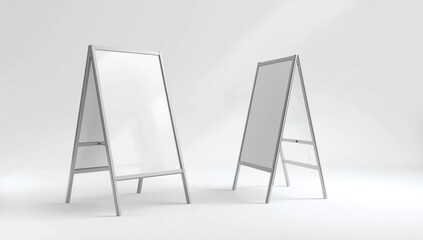 Blank white metallic outdoor stand mockup set, isolated, front and side view, 3d rendering. Clear street signage board mock up. A-board with metal frame template