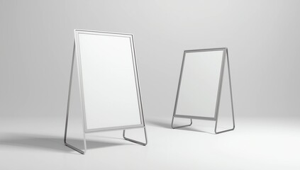 Blank white metallic outdoor stand mockup set, isolated, front and side view, 3d rendering. Clear street signage board mock up. A-board with metal frame template