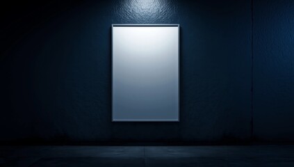 blank white rectangular poster mounted on a dark blue textured wall