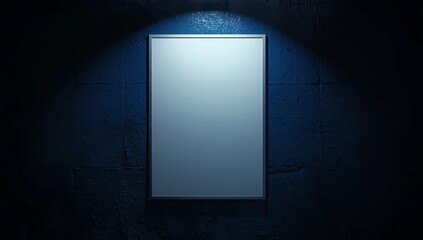blank white rectangular poster mounted on a dark blue textured wall