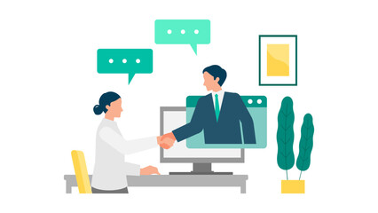 Woman working from home joining a remote business meeting online on computer, telework communication flat illustration