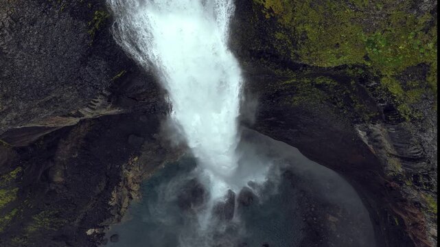 Top Down Aerial View of Haifoss and Granni Waterfalls in Dramatic Iceland Canyon