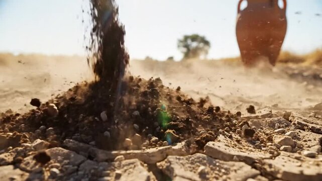 Organic soil falling on arid, cracked earth with sunlight, terracotta amphora and tree in the background