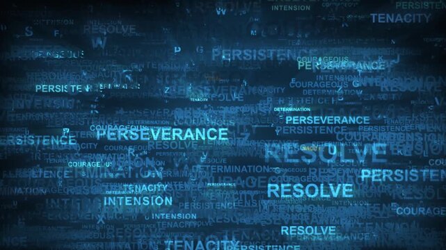 The Meaning of Grit Word Flight 4K Loop features text related to the word Grit moving toward the viewer with random letters as well in blue and the word grit forming in orange at the end in a loop.