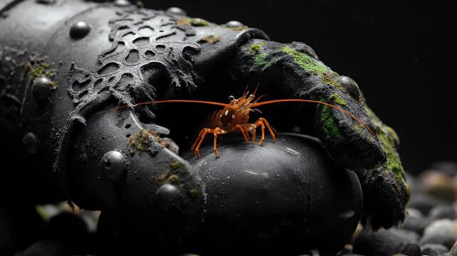 Macro Shot of Orange Dwarf Shrimp on Black Stone in Dark Aquarium