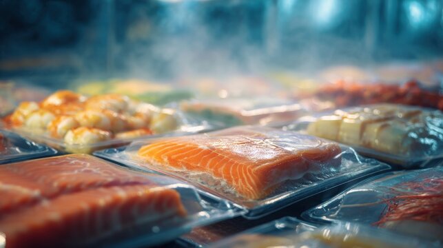 seafood packs arranged neatly in packaging on blurred background