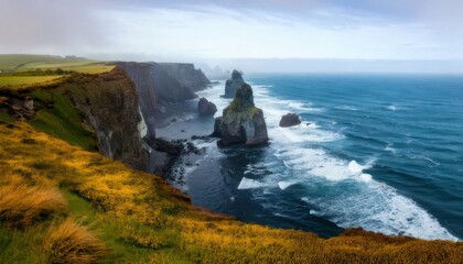 Coastal Cliffs and Sea Stacks Under Cloudy Sky - A Scenic Landscape.