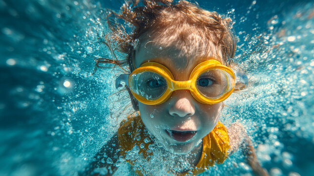 Happy child wearing yellow goggles swimming underwater with bubbles around in bright blue pool, joyful expression captured clearly