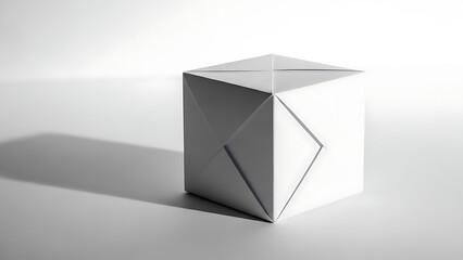 A white cube with geometric design is centered on a plain white surface, casting a subtle shadow, viewed from a slight angle.