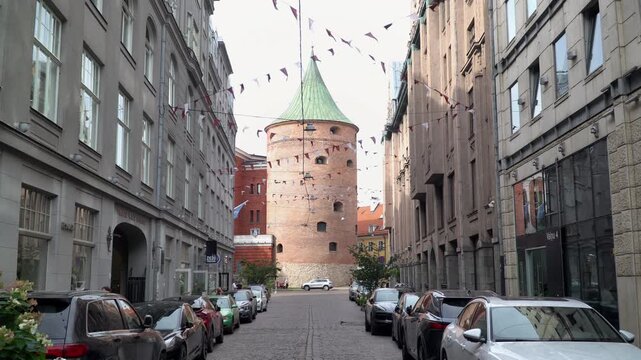 Powder tower, a historic defensive tower located in central Riga, Latvia.