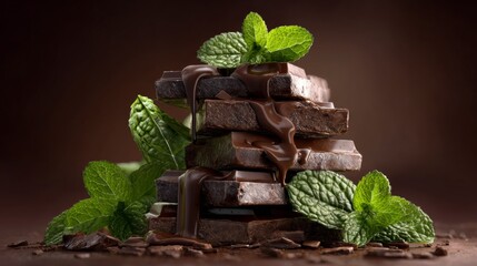 dark chocolate with mint leaves and chocolate bars stacked