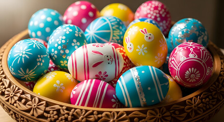 Fototapeta premium A bowl of colorful Easter eggs with intricate designs and patterns.