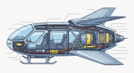 Cutaway illustration of a futuristic airship with detailed internal components. © holik