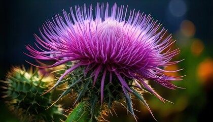 Vibrant Purple Thistle Bloom in Detailed Close-up, Natures Beauty.