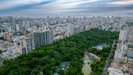 Naklejka premium Modern San Isidro neighborhood and the beautiful Ramón Castilla park seen from drone in Peru, south america.