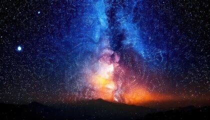 Vibrant Milky Way Galaxy Over Silhouetted Landscape Under Starry Night Sky.