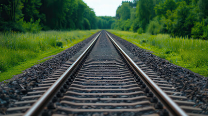 Obraz premium A railroad track with a grassy field in the background