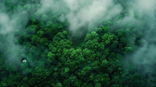 A forest with a lot of trees and a small house in the middle