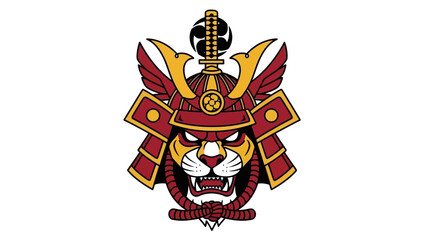 Fototapeta premium Fierce Tiger Samurai Warrior Helmet Emblem, Japanese Warrior Spirit, Ferocious Animal Mascot