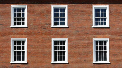 Obraz premium Vintage Brick Townhouse Facade With White Framed Windows Against Bright Blue Sky