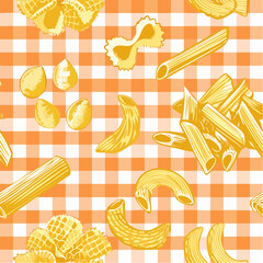 Italian yellow gingham seamless pattern with pasta. Hand drawn outline penne and macaroni. 